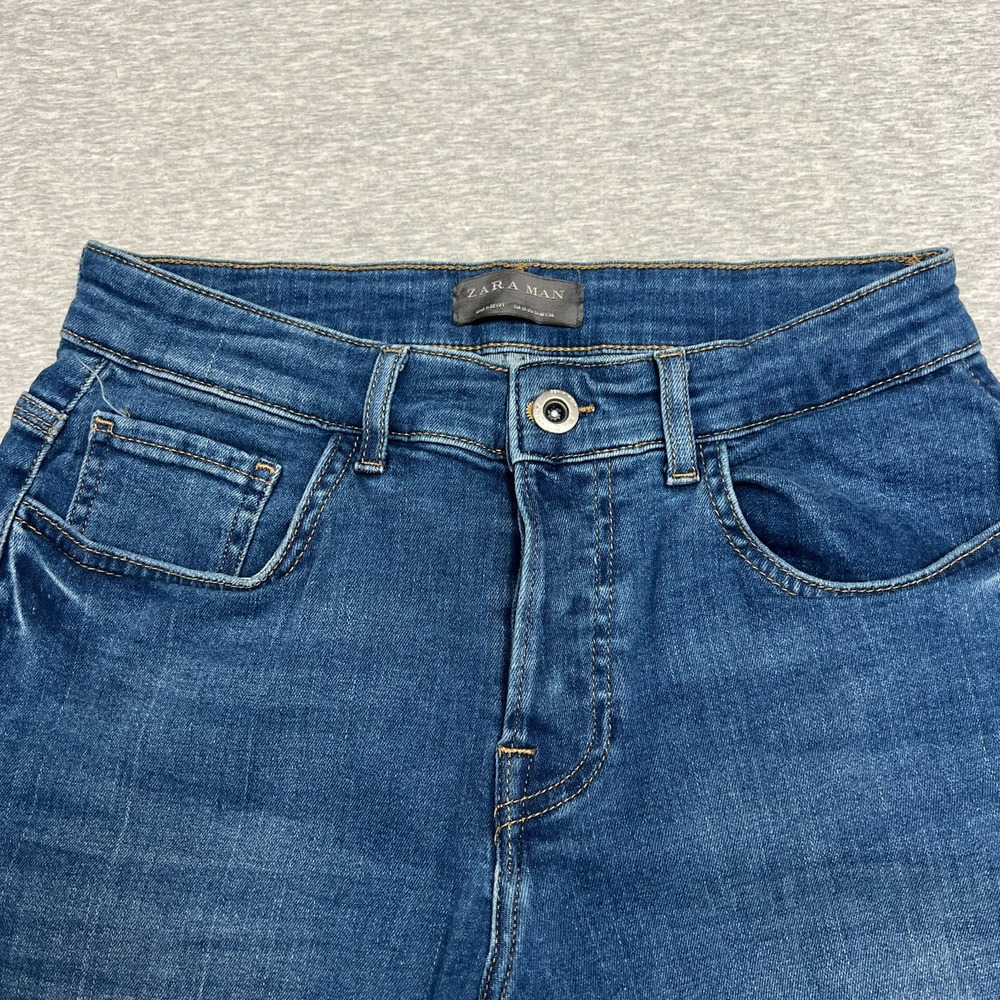 Zara Man Mens Jeans 30 Blue Faded Distressed Skinny Denim Stretch Crop Frayed - Picture 4 of 13